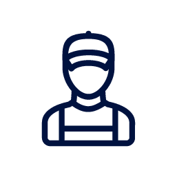 Icon of a person wearing a cap and overalls, drawn in a simple, dark blue outline.